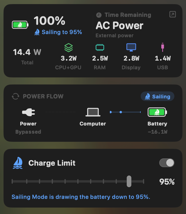 Sailing Mode drawing a plugged-in MacBook battery down to a chosen charge limit, then holding it there.
